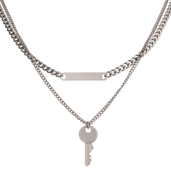 Key and Horizontal Bar Layered Chain Necklace