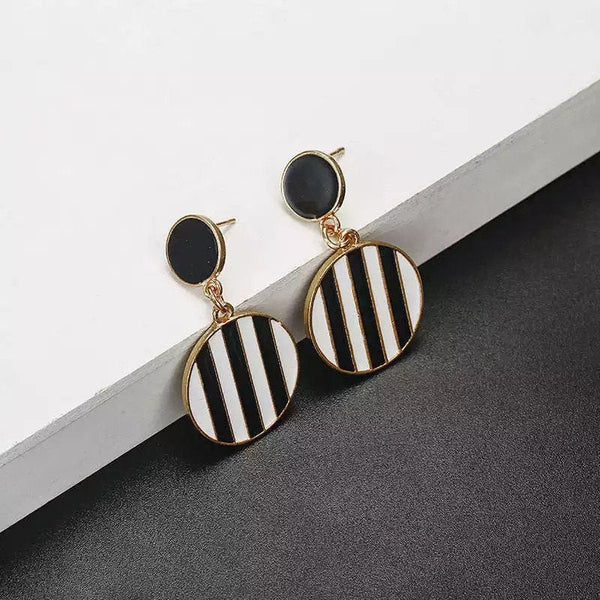 Black and White Striped Dangle Earrings