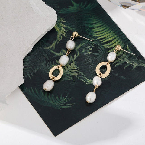 Long Gold Pearl Oval Earrings