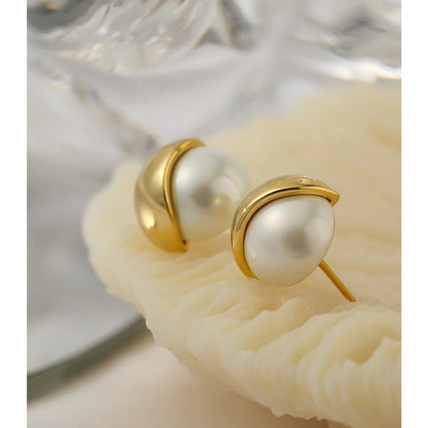 Gold Dipper Pearl Stud Earrings