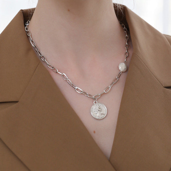 Coin Pendant Pearl Link Chain Necklace