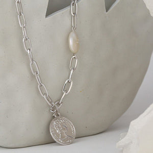 Coin Pendant Pearl Link Chain Necklace