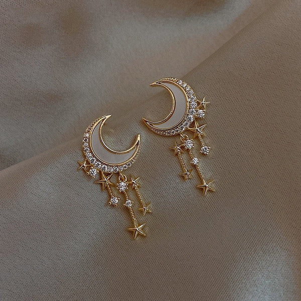 Crescent Shell Moon Night Sky Earrings