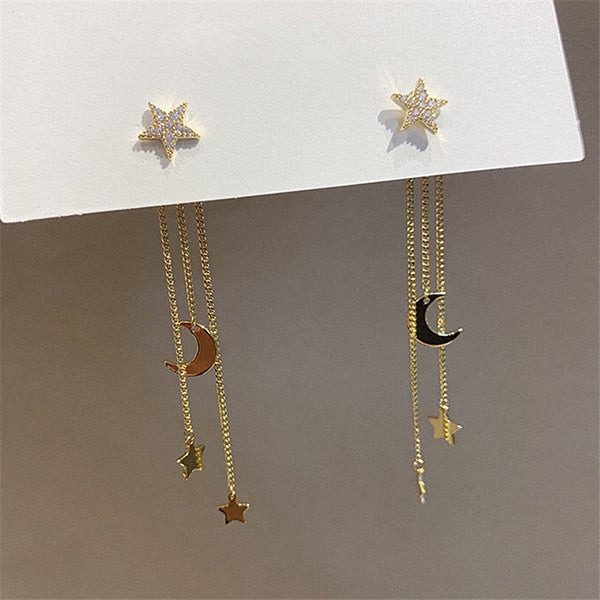 Shooting Crystal Star and Moon Ear Jacket Earrings