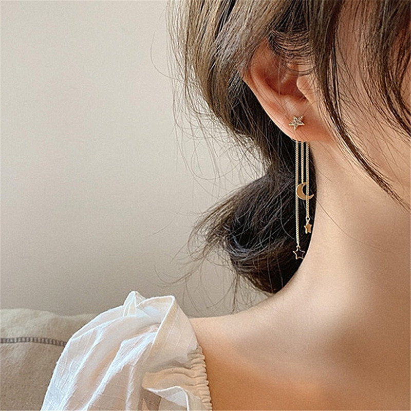 Shooting Crystal Star and Moon Ear Jacket Earrings