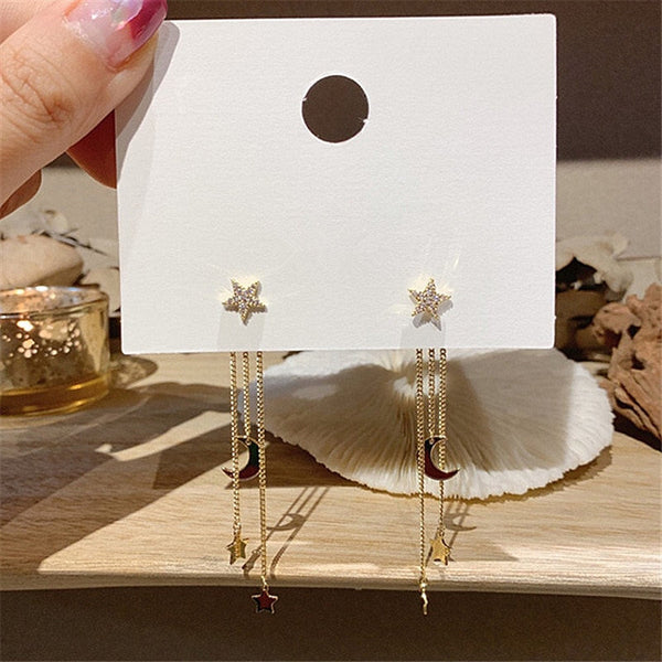 Shooting Crystal Star and Moon Ear Jacket Earrings