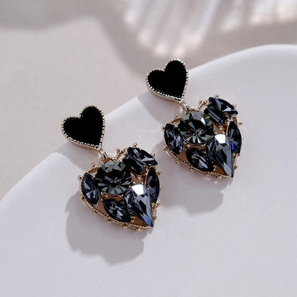 Black Crystal Heart Dangle Earrings