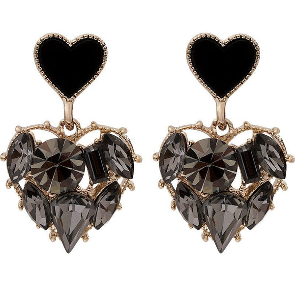 Black Crystal Heart Dangle Earrings