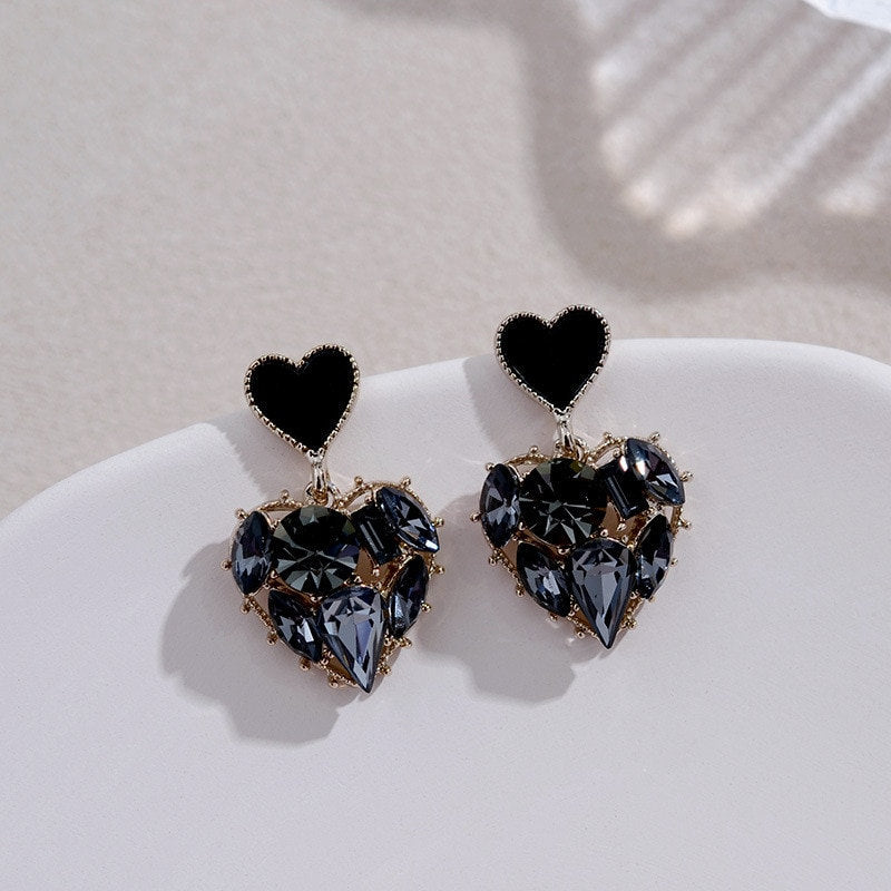 Black Crystal Heart Dangle Earrings