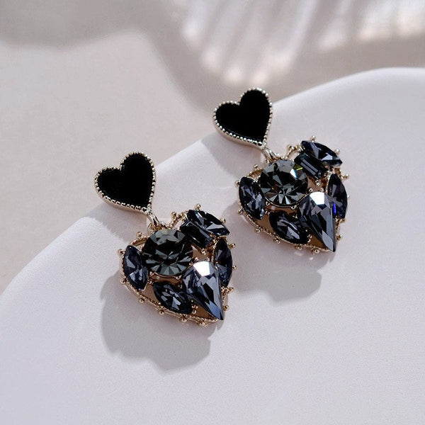 Black Crystal Heart Dangle Earrings