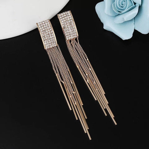 Crystal Rectangle Tassel Earrings