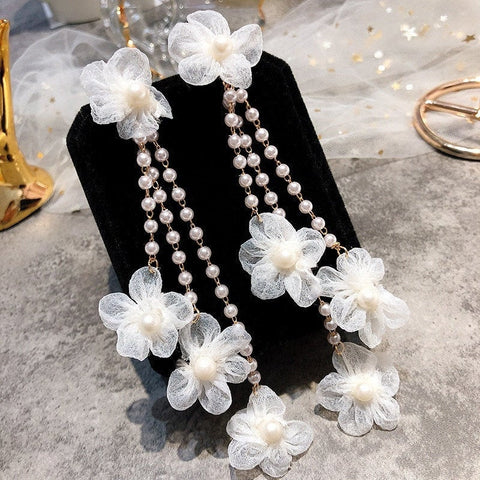 Satin Flowers Pearl Earrings