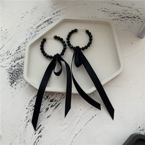 Black Beaded Bow Hoop Earrings