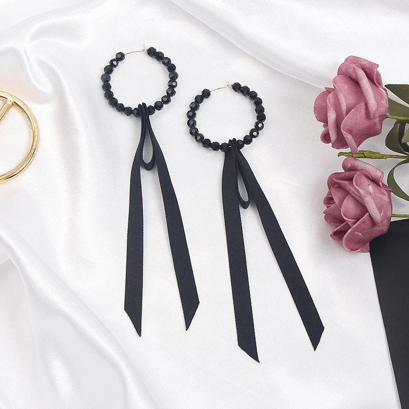 Black Beaded Bow Hoop Earrings