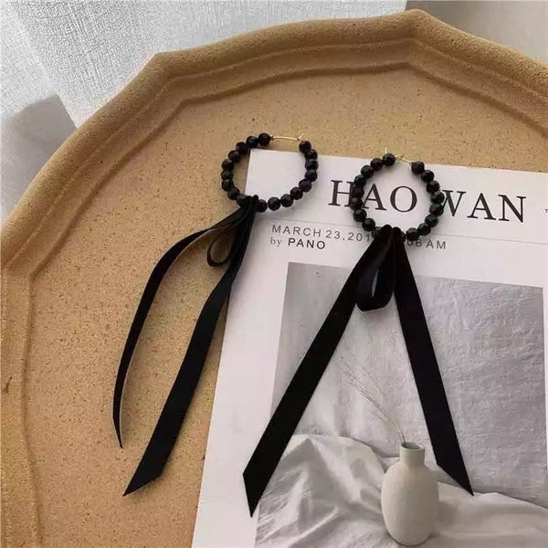 Black Beaded Bow Hoop Earrings