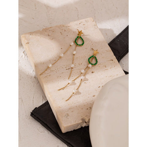 Green Teardrop Pearl Tassel Earrings