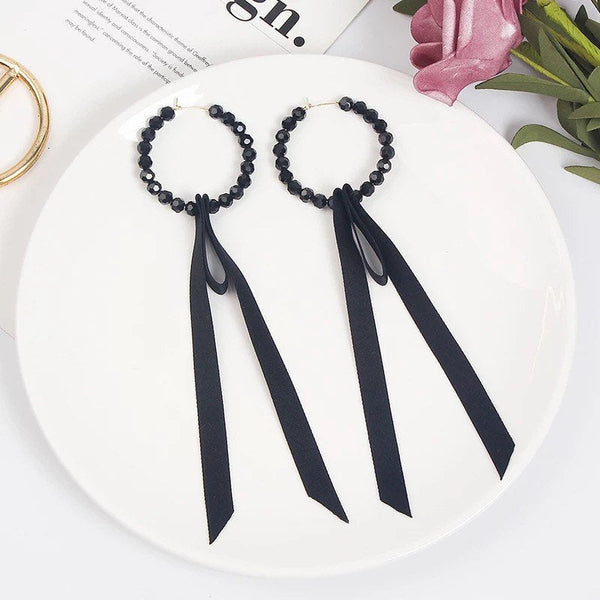 Black Beaded Bow Hoop Earrings