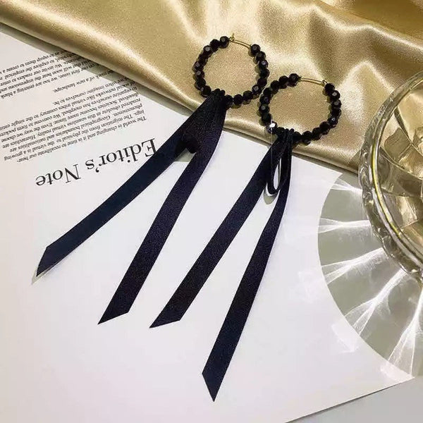 Black Beaded Bow Hoop Earrings