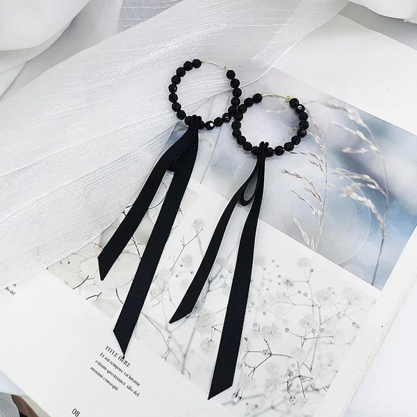 Black Beaded Bow Hoop Earrings