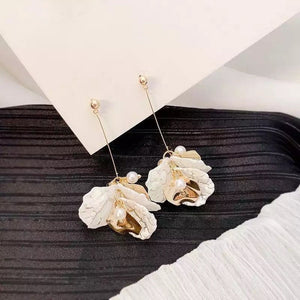 White & Gold Petals Long Flower Earrings