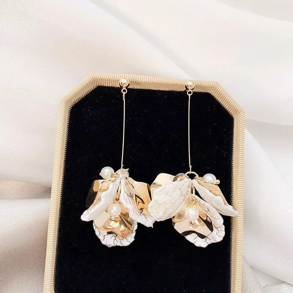 White & Gold Petals Long Flower Earrings