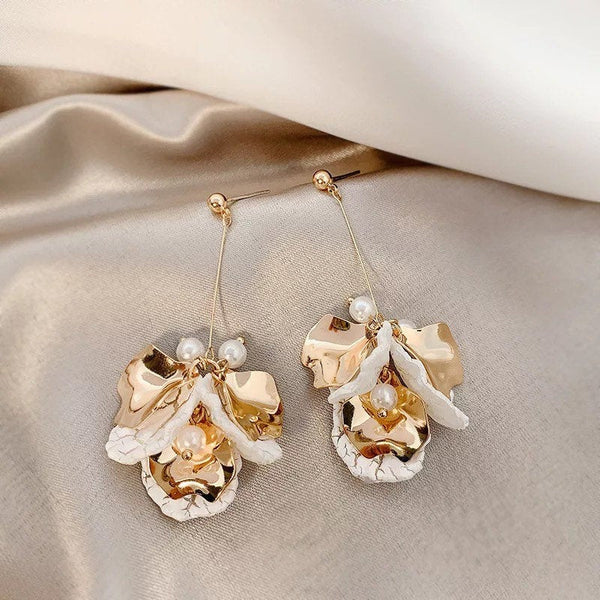 White & Gold Petals Long Flower Earrings