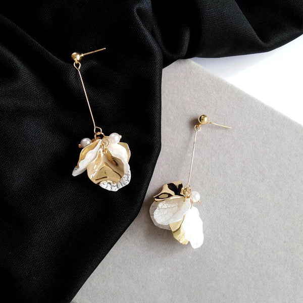 White & Gold Petals Long Flower Earrings