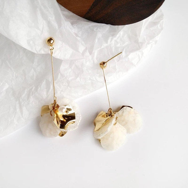 White & Gold Petals Long Flower Earrings