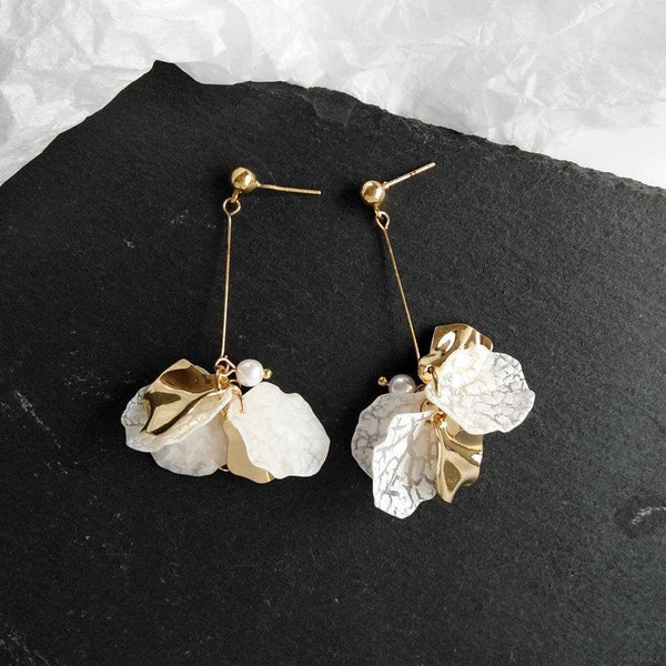 White & Gold Petals Long Flower Earrings