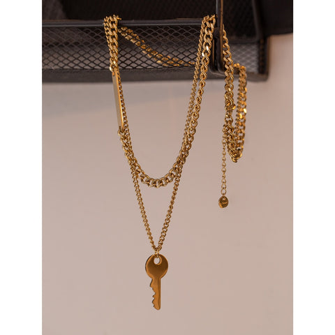 Key and Horizontal Bar Layered Chain Necklace