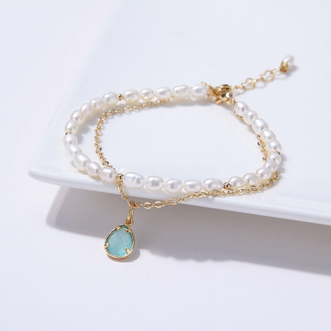 Gold Pearl Bracelet with Jade Teardrop Gemstone